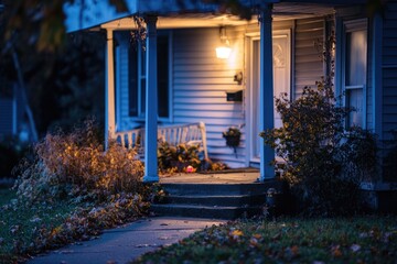 Poster - A cozy house with a porch and a porch light, ideal for outdoor scenes