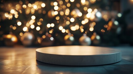Poster - A round platform sits on a dark grey surface in front of a blurred background. The background is a Christmas tree with golden lights and ornaments.