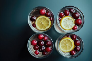 Poster - Three glasses of refreshing water with lemon slices and cranberries for a healthy drink