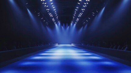 Poster - Empty fashion runway with blue lighting and blurred audience in the background.