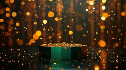 Poster - A round green and gold platform with a gold top stands against a blurry background of cascading golden lights.