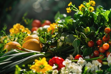 Poster - A colorful arrangement of fresh produce sits atop a vibrant green meadow
