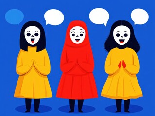 Poster - Three stylized characters in colorful dresses and masks stand against a blue background, appearing cheerful and engaged in conversation.