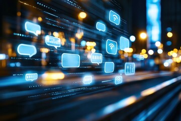 Aufkleber - A digital representation of floating communication icons with a modern city backdrop, symbolizing technology and connectivity.