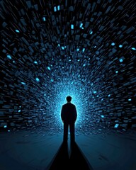Aufkleber - A silhouetted figure stands against a vibrant blue background filled with floating, rectangular shapes, creating a sense of depth and infinite space.