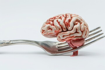 Poster - Illustration of a fork with a model of a brain attached, ideal for educational or science-related uses