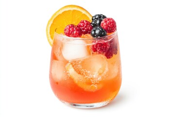 Poster - A glass filled with fresh fruit and ice on a white surface, great for still life photography or as a prop in food and beverage scenes