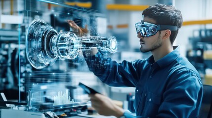 Fototapete - A young male engineer wearing safety goggles and virtual reality headset interacts with a digital 3D model of a machine part.