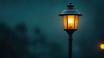 Wall Mural - illuminated street lamp with a glowing bulb against a dark, blurred background creating a moody atmo