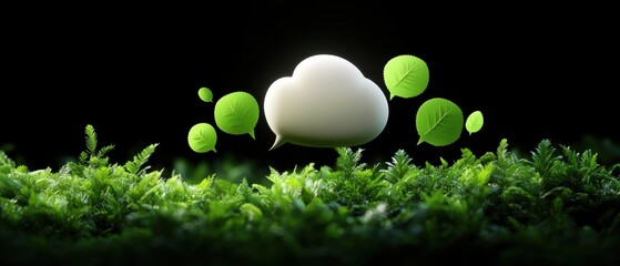 Aufkleber - A serene depiction of a white cloud surrounded by lush green leaves on a dark background, symbolizing nature and tranquility.