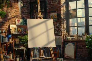 Leinwandbilder - An artist's setup with a completed painting displayed, situated against a brick wall
