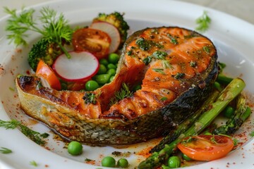 Poster - Fresh seafood and colorful vegetables arranged on a clean white plate, perfect for a healthy meal or food styling