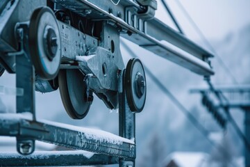 Poster - A close-up view of a ski lift in snowy mountain terrain, suitable for winter sports and outdoor activities