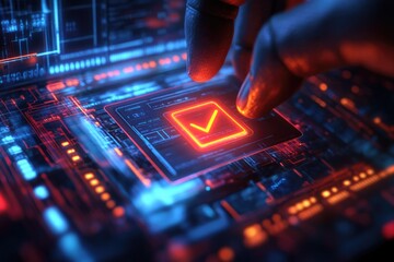 Poster - A hand presses a button on a modern electronic circuit board, suitable for tech-related illustrations and diagrams
