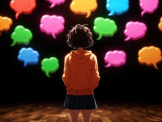 Aufkleber - Conversation is clearer with speech bubbles, A girl in an orange hoodie stands before colorful speech bubbles on a dark background, symbolizing thoughts, emotions, and communication.