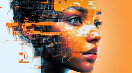 Poster - A woman's face is partially obscured by a digital glitch effect, creating a sense of mystery and the blurring of reality.