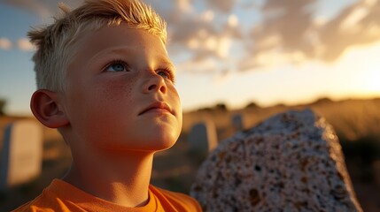 Poster - A young boy looking up at the sky with a rock in front of him