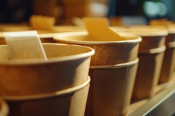 Aufkleber - A row of paper cups stacked on a shelf, perfect for office or event supply