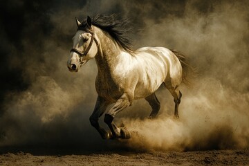 Poster - A white horse gallops across a dusty field, with the sun shining down