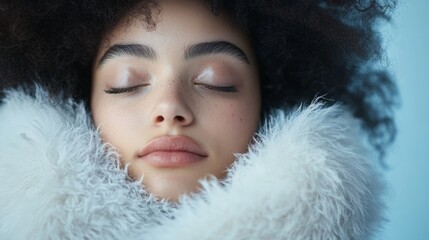 Aufkleber - A close-up of a woman's face, she has dark curly hair and is resting against a white fluffy collar, her eyes are closed and her lips are slightly parted.