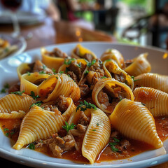 Wall Mural - Les Conchiglioni farcis au veau, with large pasta shells stuffed with tender veal, topped with a rich sauce.