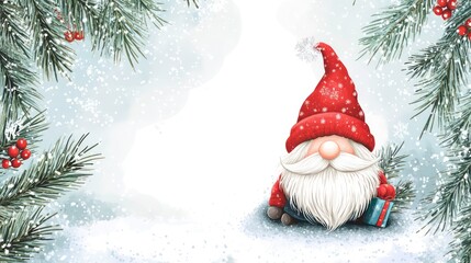 Wall Mural - A cute Christmas gnome with a white beard and a red hat is sitting in the snow with a gift box in his hands. The background is decorated with snow and fir branches.