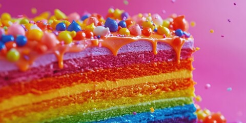 Poster - A colorful close-up of a rainbow cake with sprinkles, perfect for food or dessert photography