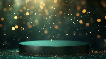 Aufkleber - A round platform sits under shimmering golden lights, surrounded by soft bokeh effects. The atmosphere conveys excitement and anticipation for an upcoming performance or celebration.
