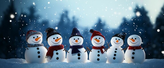 Wall Mural - snowmen standing in winter christmas night landscape.winter background.