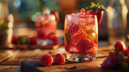 Leinwandbilder - A close-up of a refreshing strawberry drink on a table, perfect for summer or outdoor events