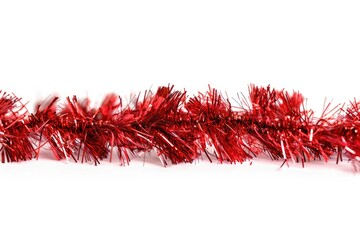 Poster - A festive red tinsel garland on a clean white background, perfect for holiday decoration or gift wrapping