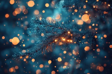 Poster - Close-up of a pine tree illuminated by lights in the background