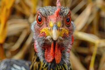 Poster - A close-up view of a bird's head, featuring a bright red beak