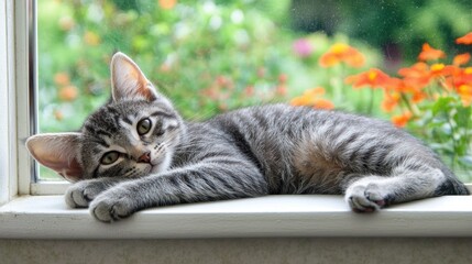 Aufkleber - A domestic cat relaxing on a windowsill with the outside view