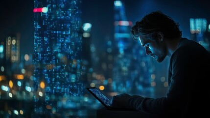 Poster - A man working on a laptop at night in a city with a digital skyscraper in the background.