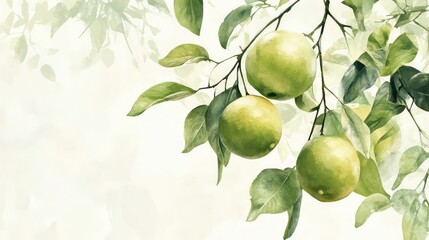 Poster - Close-up of three green oranges on a branch with green leaves against a white background.