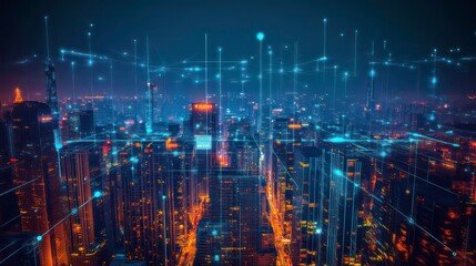Aufkleber - A city skyline at night with glowing lines connecting buildings, representing digital connectivity and technology.