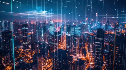 Poster - A glowing city skyline with digital lines connecting it to a cloud.