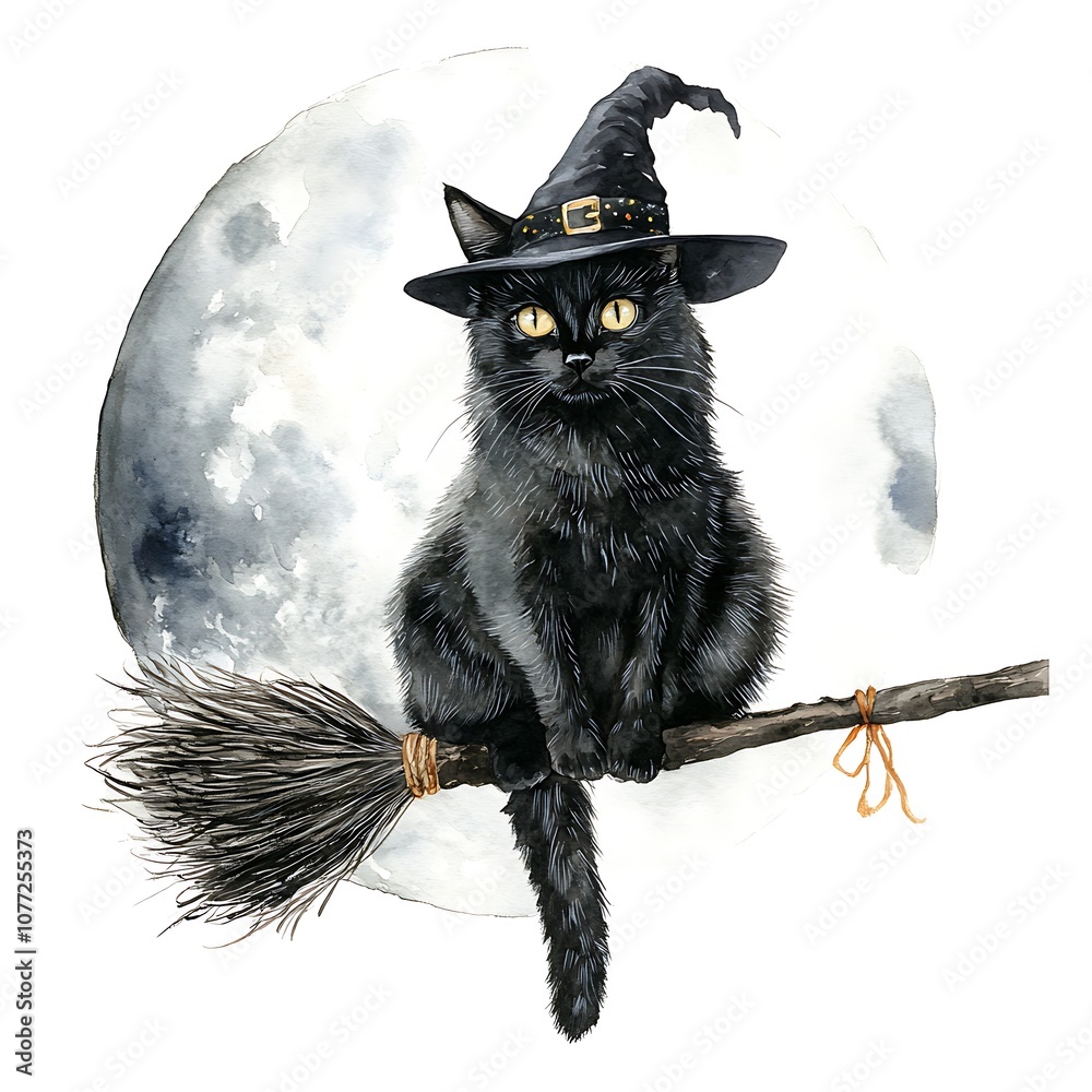 Magical black cat rides a broomstick under the full moon in enchanting ...