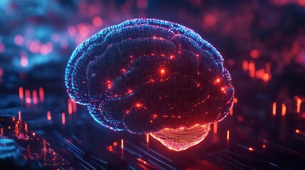 Aufkleber - Futuristic Digital Illustration of Human Brain with Advanced Smart Technology, Neural Network Connections, and Glowing Data Points Depicting Artificial Intelligence and Cognitive Enhancement at Night