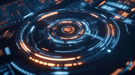 Poster - Abstract futuristic interface with glowing neon blue and orange circular elements.