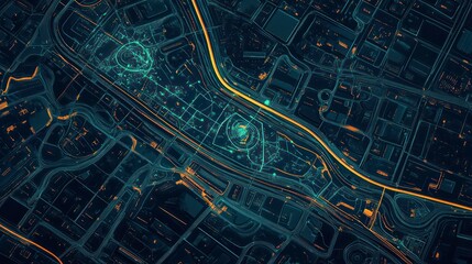 Fototapete - Abstract city map with glowing lines and dots, representing data flow and connectivity.