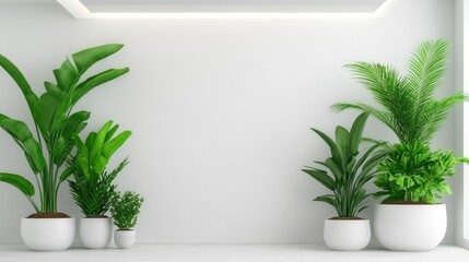 Wall Mural - Bright modern interior with sleek white ceiling and skylight complemented by lush green plants in contemporary home design