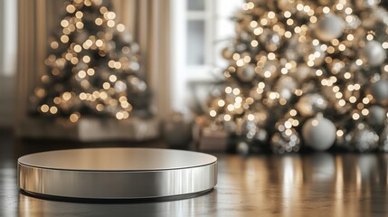 Aufkleber - The cozy living room features a sleek round platform in the foreground, with two elegantly decorated Christmas trees in the background, adorned with soft twinkling lights and ornaments.