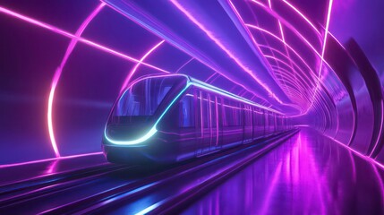 Poster - Futuristic train traveling through neon tunnel.