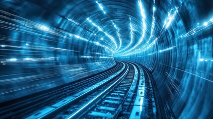 Aufkleber - A long exposure shot of a train speeding through a blue-lit tunnel, creating a sense of motion and energy.