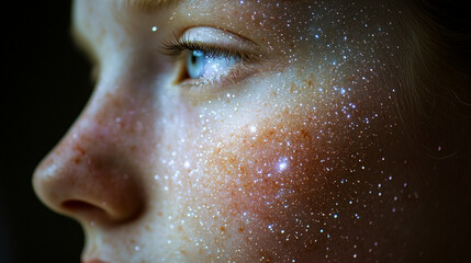 Wall Mural - close-up of a personâs face with skin fading into a galaxy, stars visible under a translucent skin