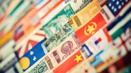Poster - A close-up of a variety of international banknotes arranged in a diagonal pattern.