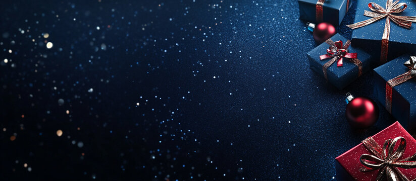 A blue background with gifts and Christmas decorations on the right side, creating an empty space for text or graphics