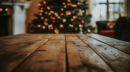 Aufkleber - A rustic wooden table is displayed in a warm living room adorned with holiday decorations.